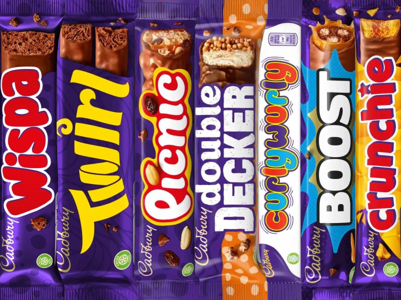 Cadbury Chocolate Bars: Wispa, Twirl, Picnic, Double Decker, Curly Wurly, Boost, Crunchie